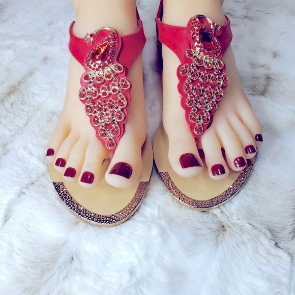 Red Rhinestone Peacock Toe Strap Sandals - Picture 2 of 15